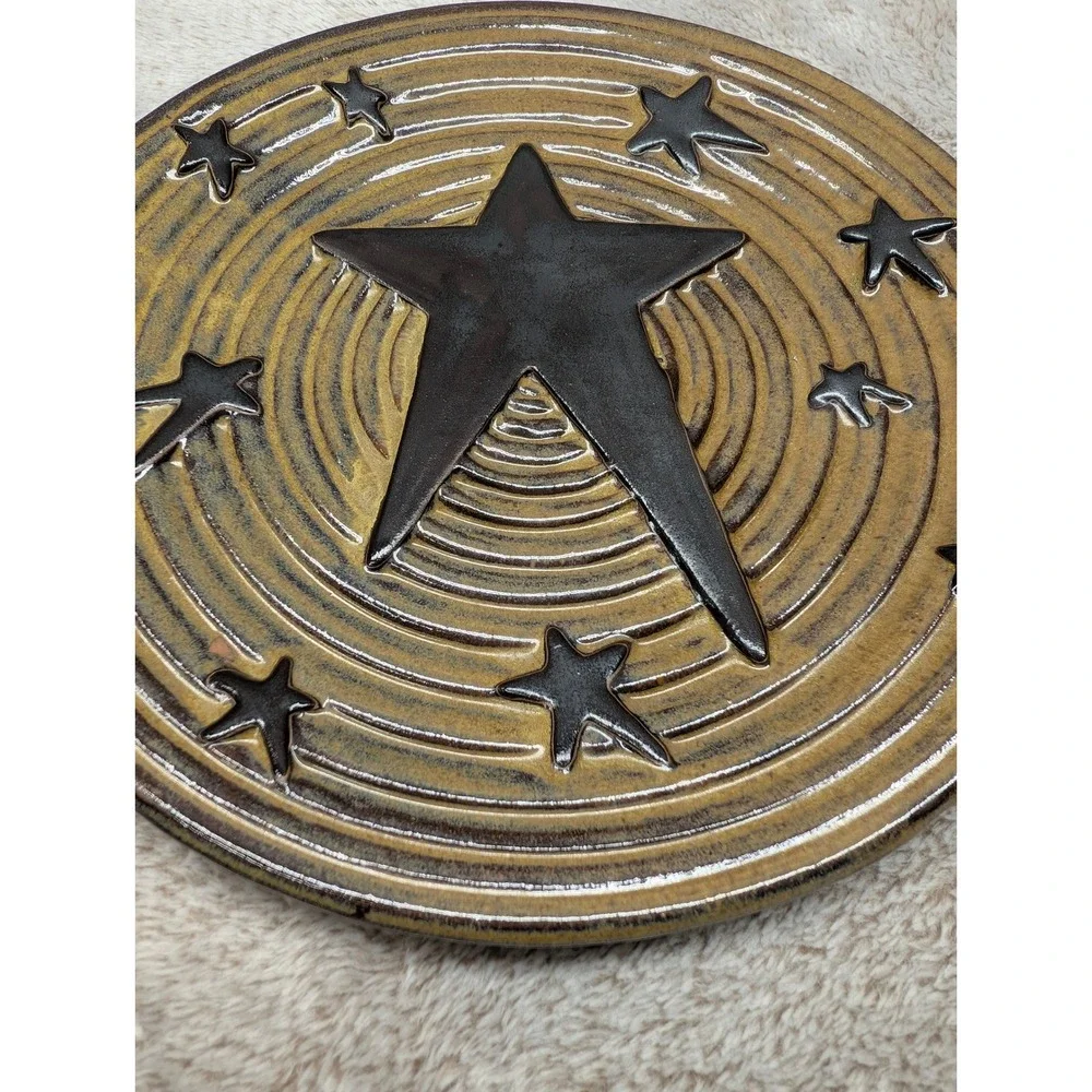 Honey and Me Primitive Pottery Plate Brown Tan Star Celestial Folk Art 8 Inch
